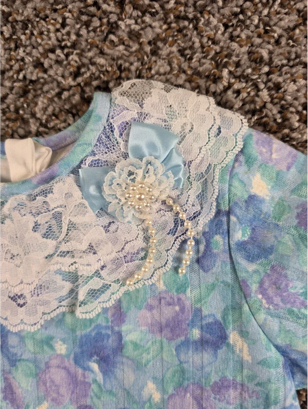 Vtg 1980s Toddler Girls Sz 3T Pastel Floral Short Sleeve Blouse Lace Neckline